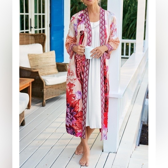 SOFT SURROUNDINGS Faye Silk Blend Peacock Kimono Robe Size M NEW - Picture 2 of 7